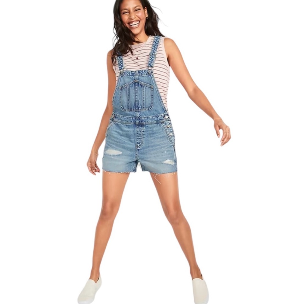 Old Navy Slouchy Workwear Ripped Cut-Off Jean Short Overalls - Women's Size XL